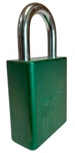 Alum Padlock. 1-1/2" Body, 1/4" Shackle Diameter, 1" Shackle Length. Green, Calgary 2