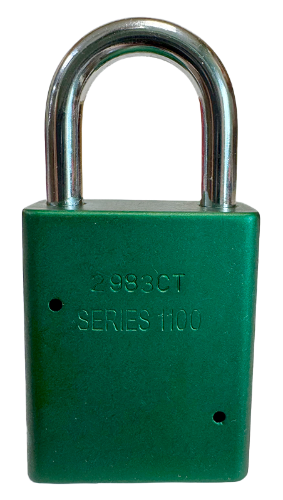 Alum Padlock. 1-1/2" Body, 1/4" Shackle Diameter, 1" Shackle Length. Green, Calgary 4