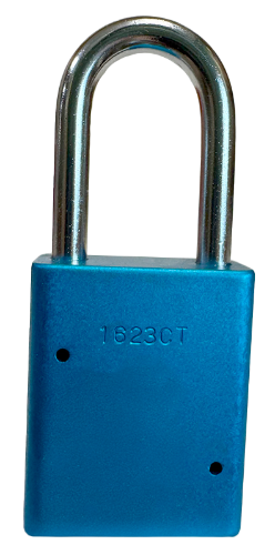 Alum Padlock. 1-1/2" Body, 1/4" Shackle Diameter, 1-1/2" Shackle Length. Blue, Calgary 4