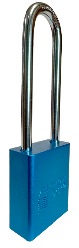 Alum Padlock. 1-1/2" Body, 1/4" Shackle Diameter, 3" Shackle Length. Blue, Calgary 2