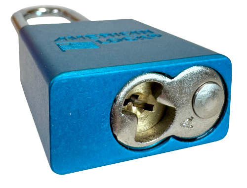 Alum Padlock. 1-1/2" Body, 1/4" Shackle Diameter, 3" Shackle Length. Blue, Calgary 5