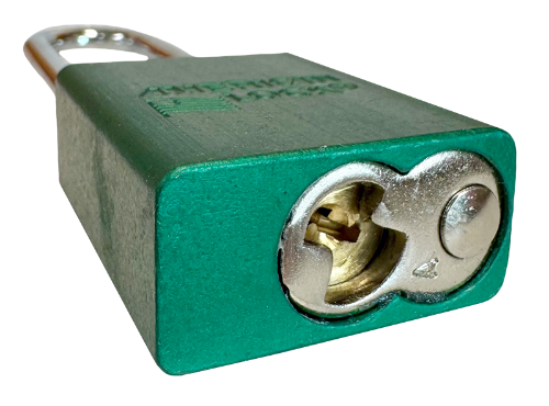 Alum Padlock. 1-1/2" Body, 1/4" Shackle Diameter, 3" Shackle Length. Green, Calgary 5