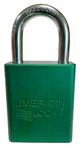 Alum Padlock. 1-1/2" Body, 1/4" Shackle Diameter, 1" Shackle Length. Green, Calgary 1