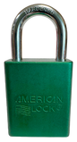 Alum Padlock. 1-1/2" Body, 1/4" Shackle Diameter, 1" Shackle Length. Green, Calgary 1