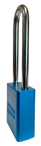 Alum Padlock. 1-1/2" Body, 1/4" Shackle Diameter, 3" Shackle Length. Blue, Calgary 3