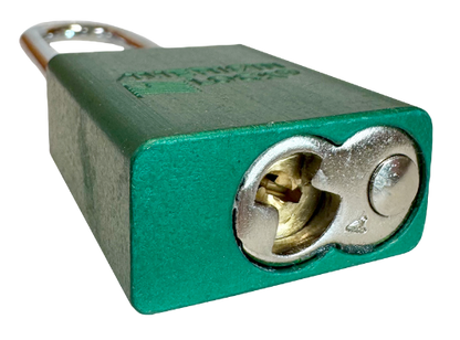 Alum Padlock. 1-1/2" Body, 1/4" Shackle Diameter, 3" Shackle Length. Green, Calgary 5