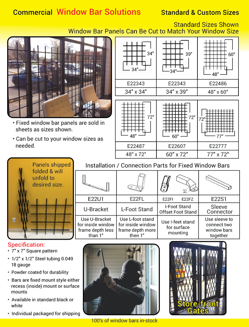 Commercial window bars in standard and custom sizes