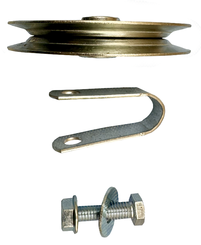 Extension Spring Pulley 4" Zinc Plated Steel Sheave Strap. Used on older style large flat doors - pieces top